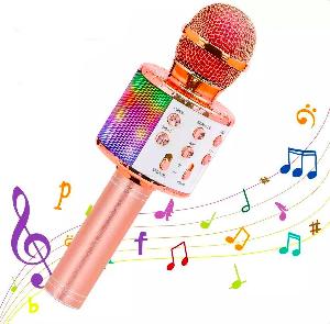 Bekijk leuke cadeautip : Karaoke Microfoon Bluetooth - Karaoke met LED Licht - Rosé Goud